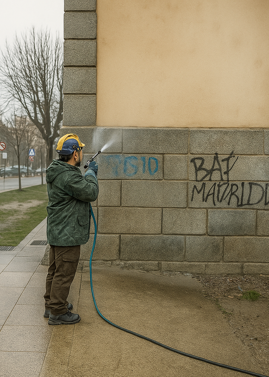 Fachada antes de limpieza de grafitis