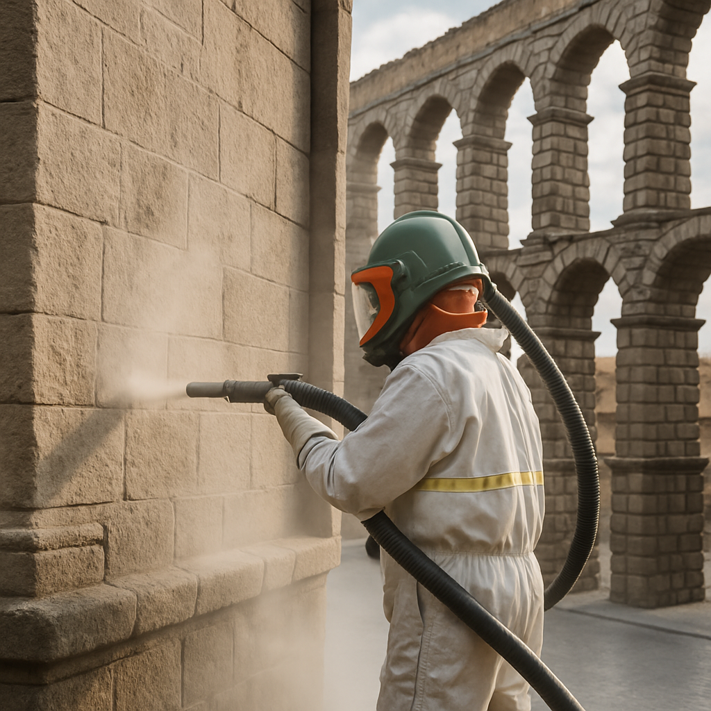 Proceso de limpieza con chorro de arena en Segovia